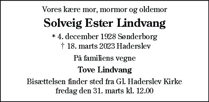Dødsannonce for Solveig Ester Lindvang