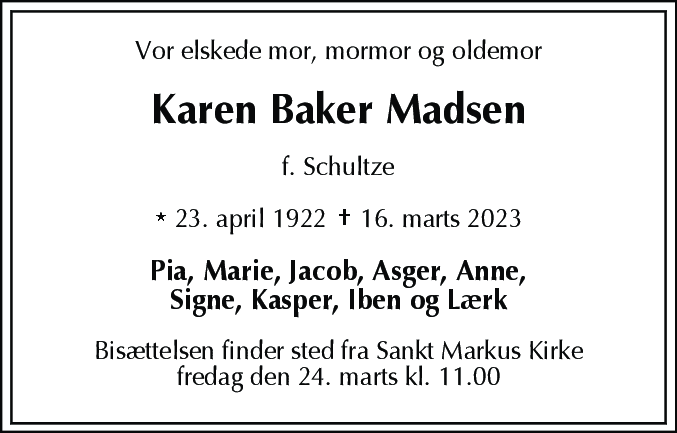 Dødsannonce for Karen Baker Madsen
