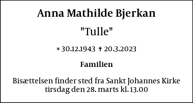 Dødsannonce for Anna Mathilde Bjerkan