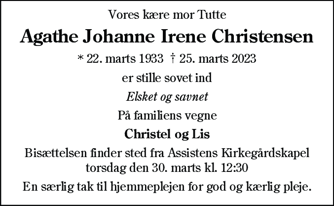 Dødsannonce for Agathe Johanne Irene Christensen