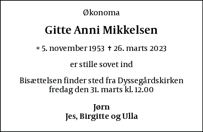 Dødsannonce for Gitte Anni Mikkelsen