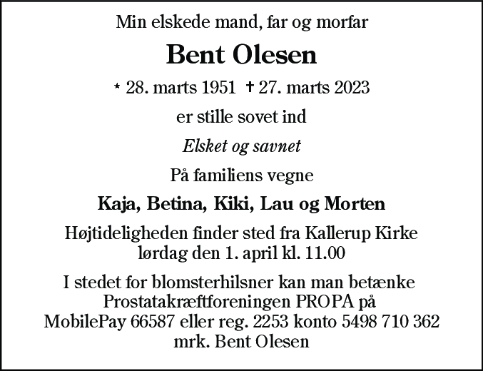 Dødsannonce for Bent Olesen