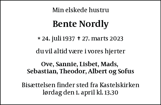 Dødsannonce for Bente Nordly