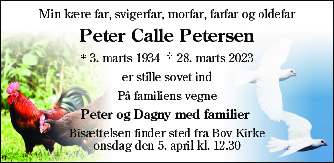 Dødsannonce for Peter Calle Petersen