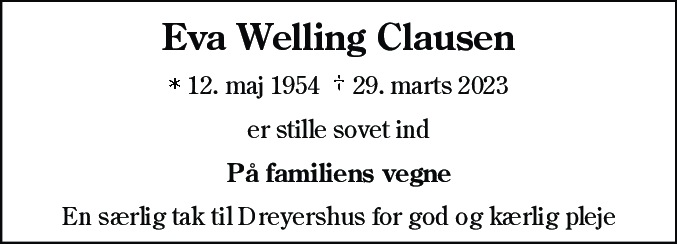 Dødsannonce for Eva Welling Clausen