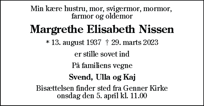 Dødsannonce for Margrethe Elisabeth Nissen