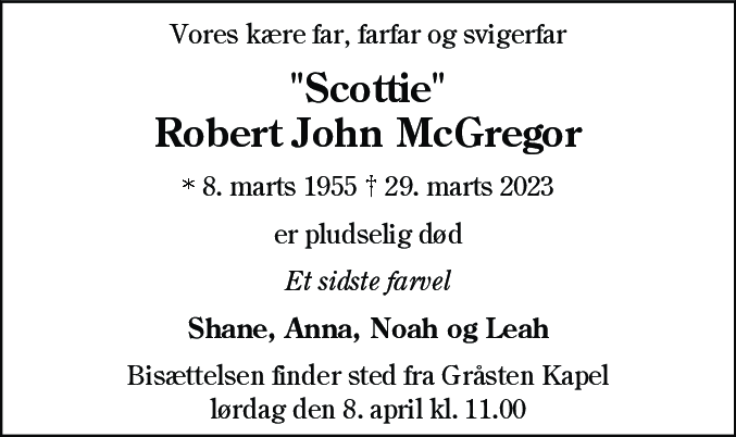 Dødsannonce for Robert John Mc Gregor