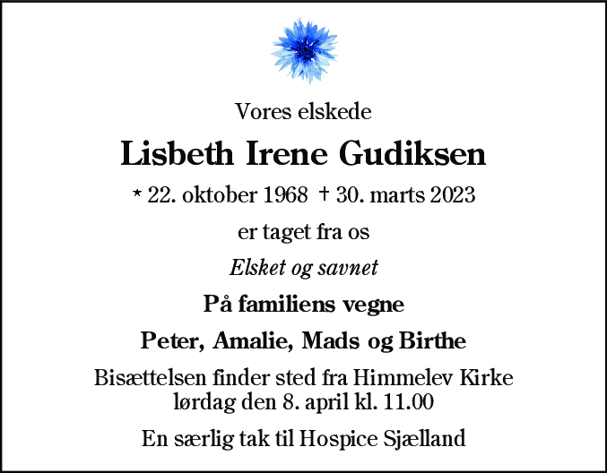 Dødsannonce for Lisbeth Irene Gudiksen