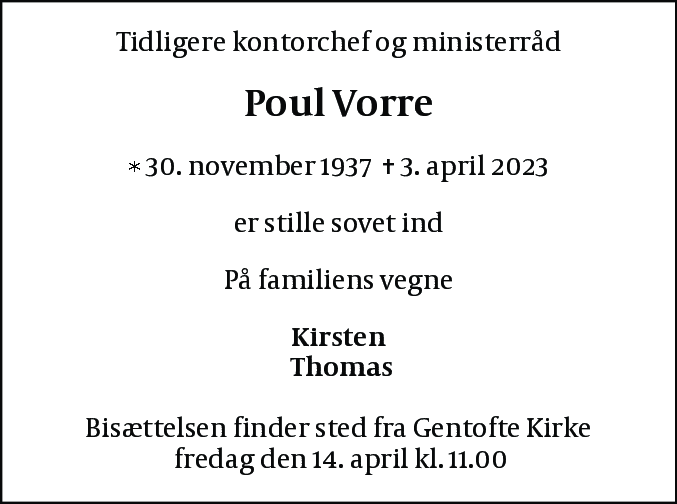 Dødsannonce for Poul Vorre