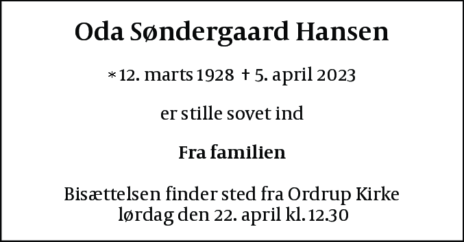 Dødsannonce for Oda Kathrine Hansen