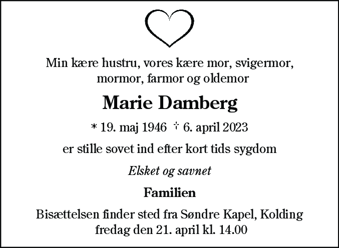 Dødsannonce for Marie Damberg