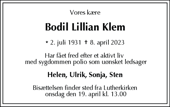 Dødsannonce for Bodil Lillian Klem