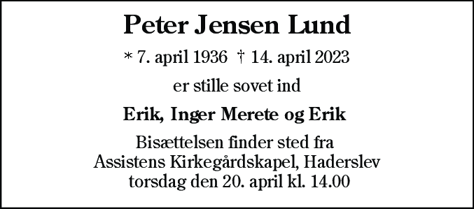 Dødsannonce for Peter Jensen Lund