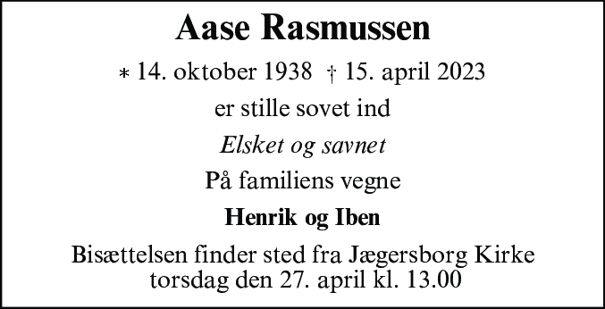 Dødsannonce for Aase Rasmussen