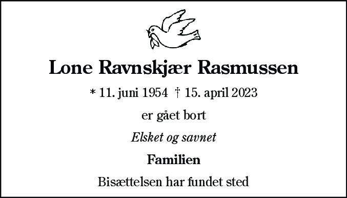 Dødsannonce for Lone Ravnskjær Rasmussen
