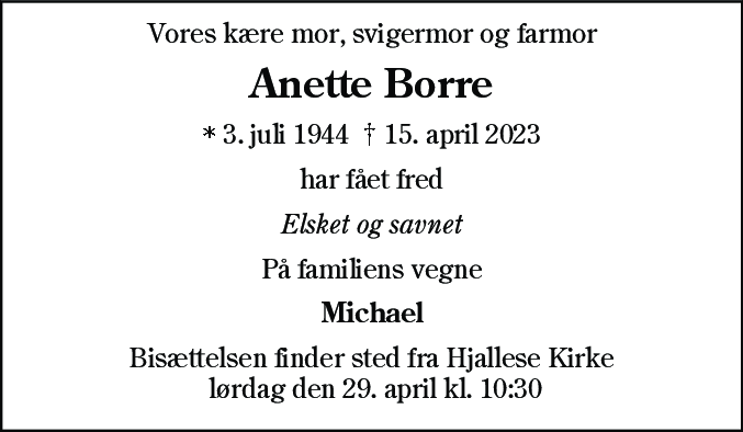 Dødsannonce for Anette Borre