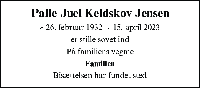 Dødsannonce for Palle Juel Keldskov Jensen