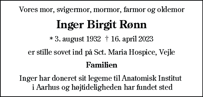Dødsannonce for Inger Birgit Rønn
