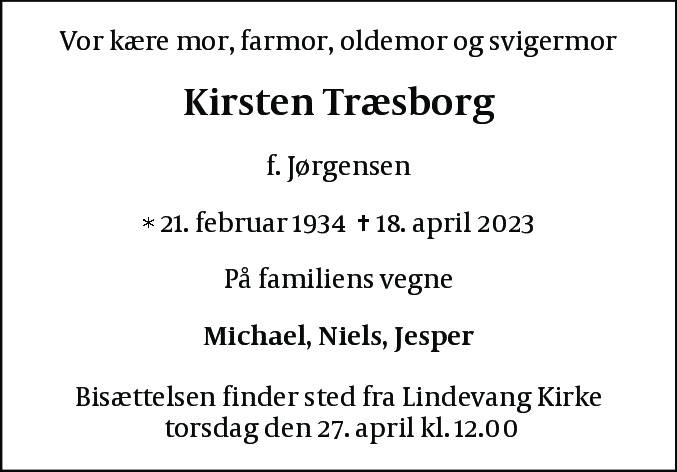 Dødsannonce for Kirsten Træsborg