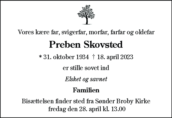 Dødsannonce for Preben Skovsted