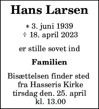 Dødsannonce for Hans Larsen
