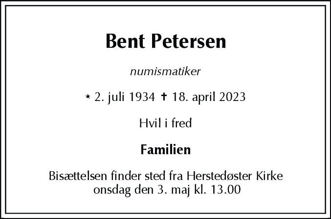 Dødsannonce for Bent Petersen