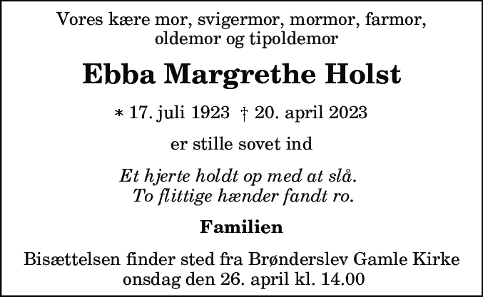 Dødsannonce for Ebba Margrethe Holst