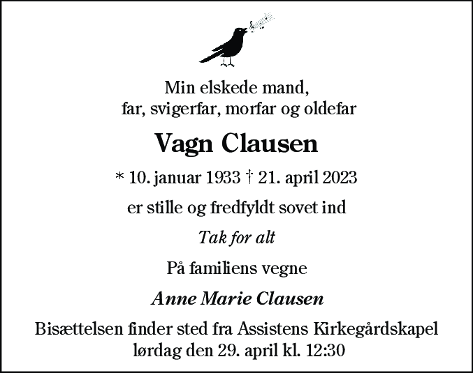 Dødsannonce for Vagn Clausen