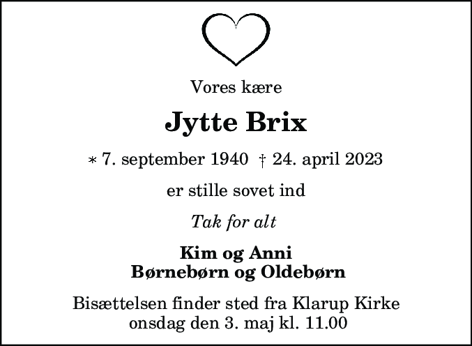 Dødsannonce for Jytte Brix