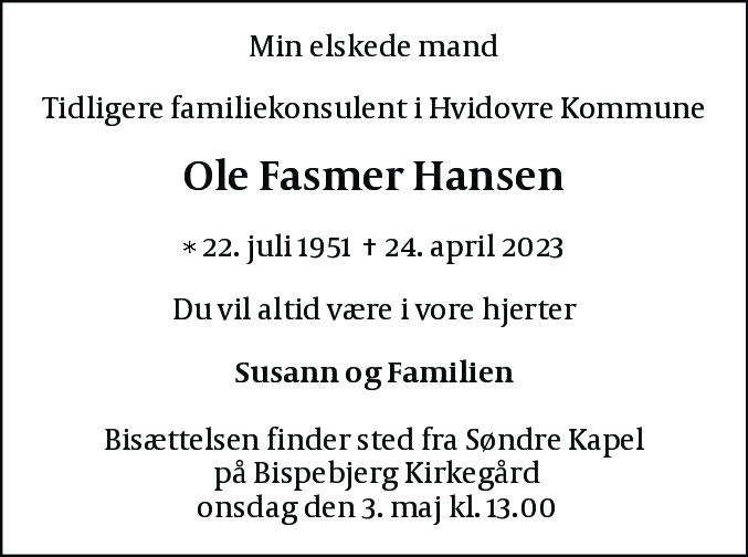 Dødsannonce for Ole Fasmer Hansen