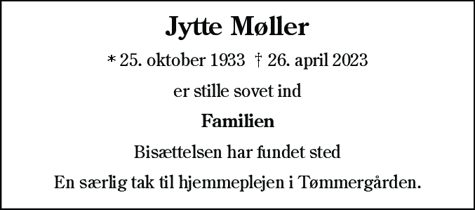 Dødsannonce for Jytte Møller