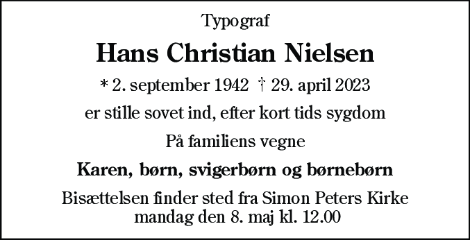 Dødsannonce for Hans Christian Nielsen