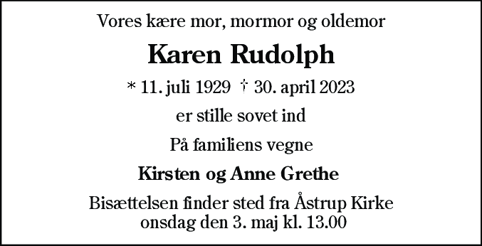 Dødsannonce for Karen Karoline Rudolph