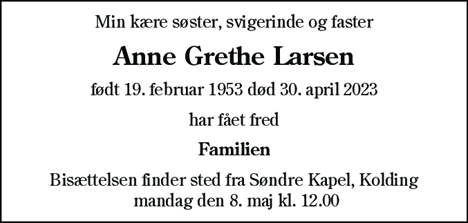 Dødsannonce for Anne Grethe Larsen