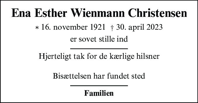 Dødsannonce for Ena Esther Wienmann Christensen