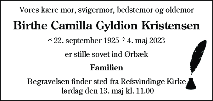 Dødsannonce for Birthe Camilla Kristensen