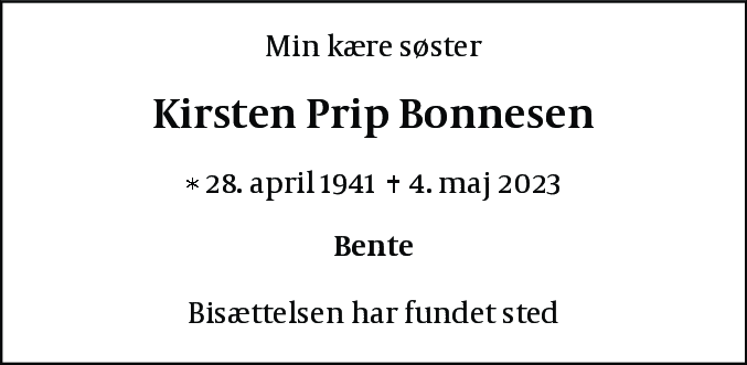 Dødsannonce for Kirsten Prip Bonnesen