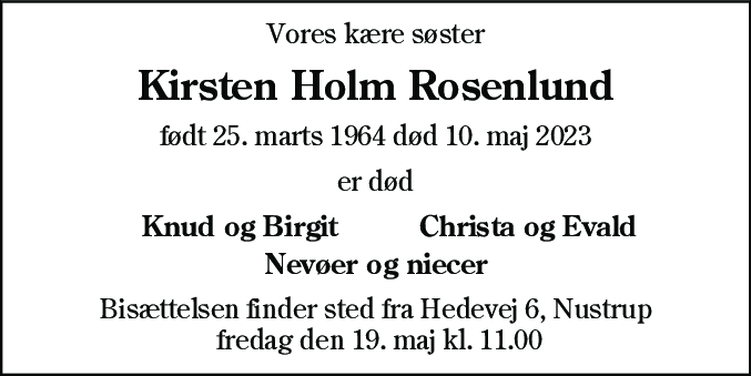Dødsannonce for Kirsten Holm Rosenlund