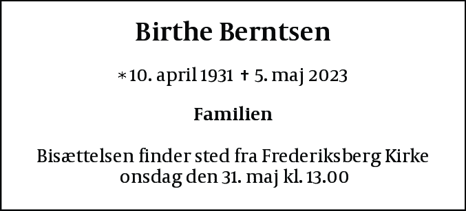 Dødsannonce for Birthe Berntsen