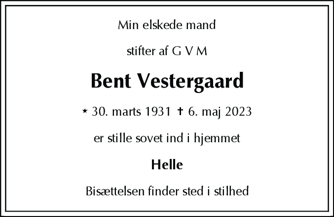 Dødsannonce for Bent Vestergaard
