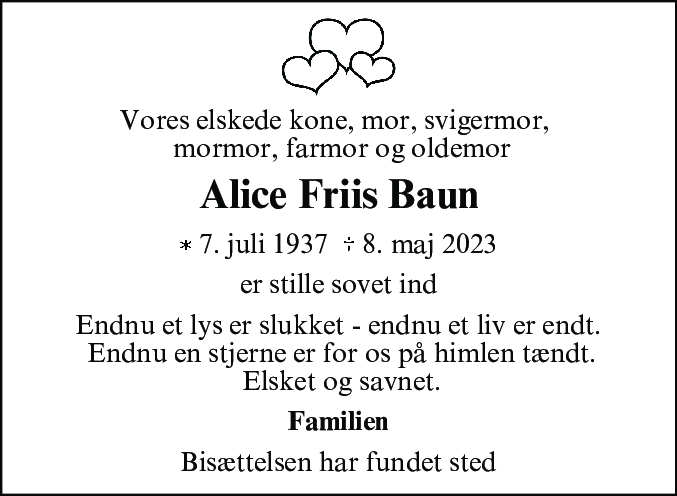Dødsannonce for Alice Friis Baun