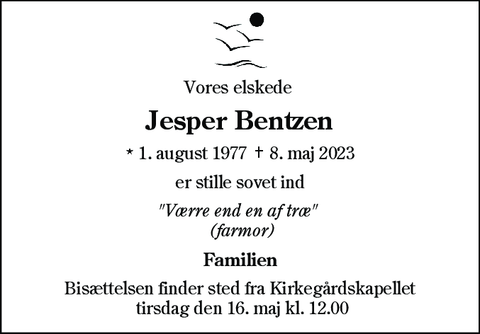 Dødsannonce for Jesper Bentzen