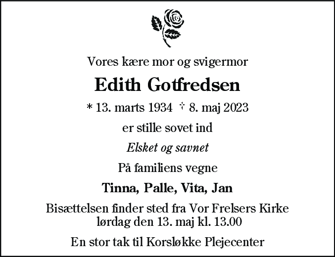 Dødsannonce for Edith Gotfredsen