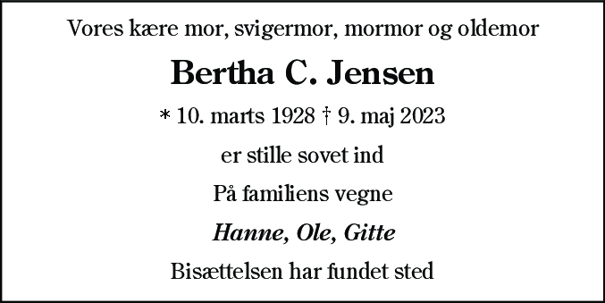 Dødsannonce for Cathrine Bertha Jensen