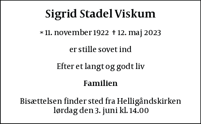 Dødsannonce for Sigrid Stadel Viskum