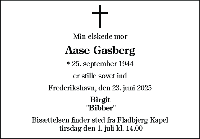 Dødsannonce for Aase Gasberg