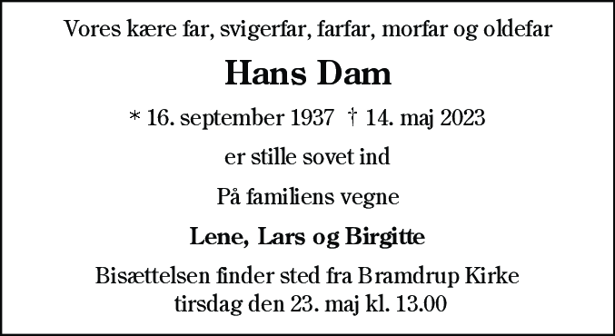 Dødsannonce for Hans Dam