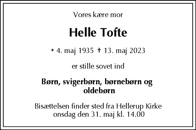 Dødsannonce for Helle Tofte