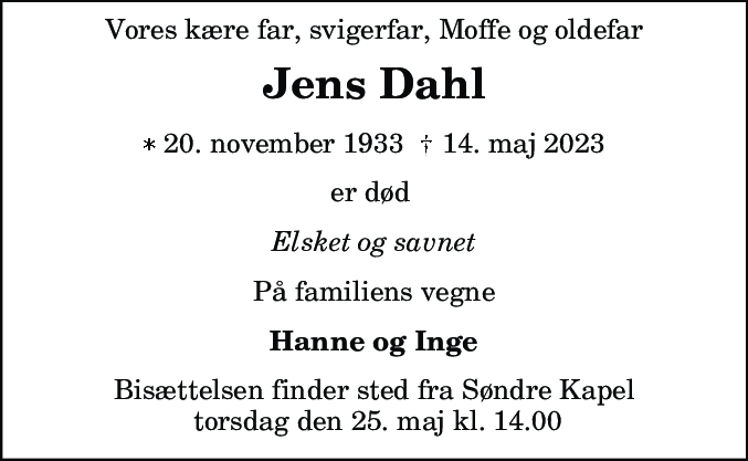 Dødsannonce for Jens Dahl