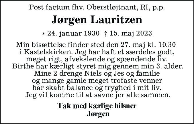Dødsannonce for Jørgen Lauritzen